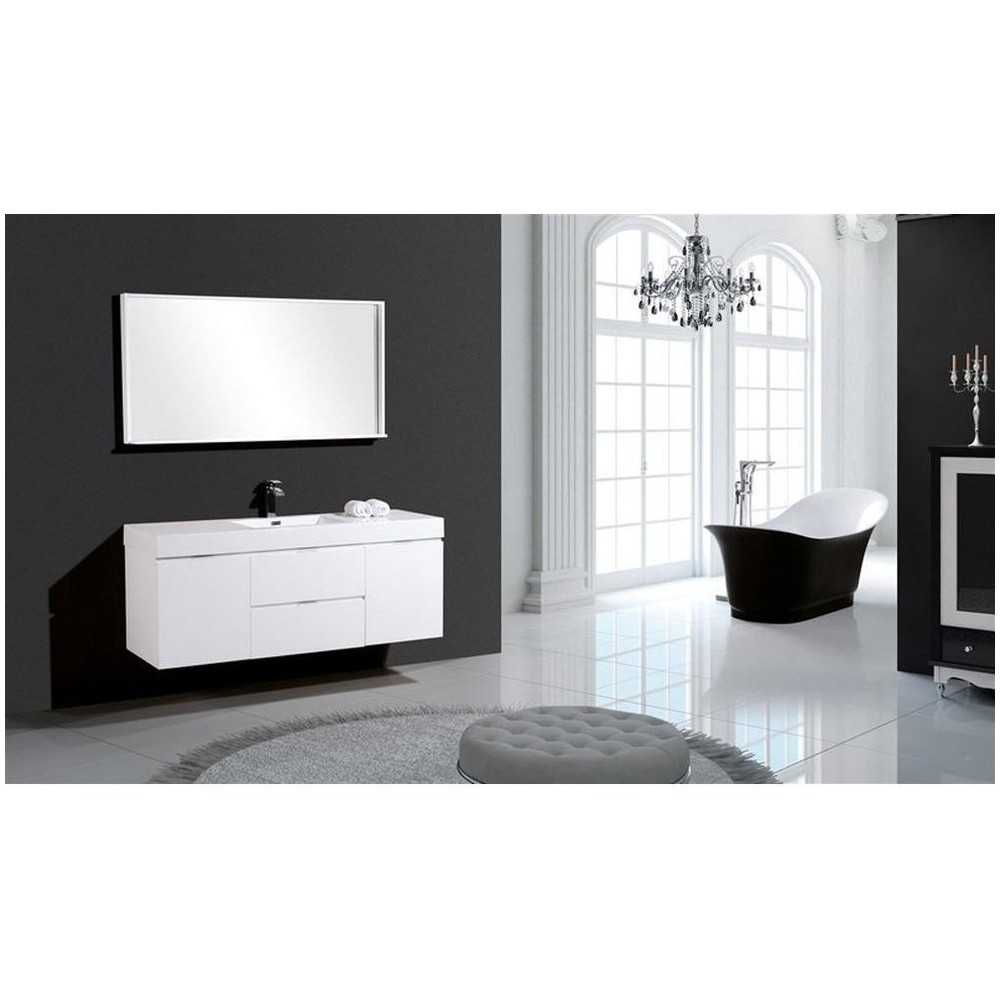 Bliss 60" Single Sink Wall Mount Modern Bathroom Vanity, High Gloss White