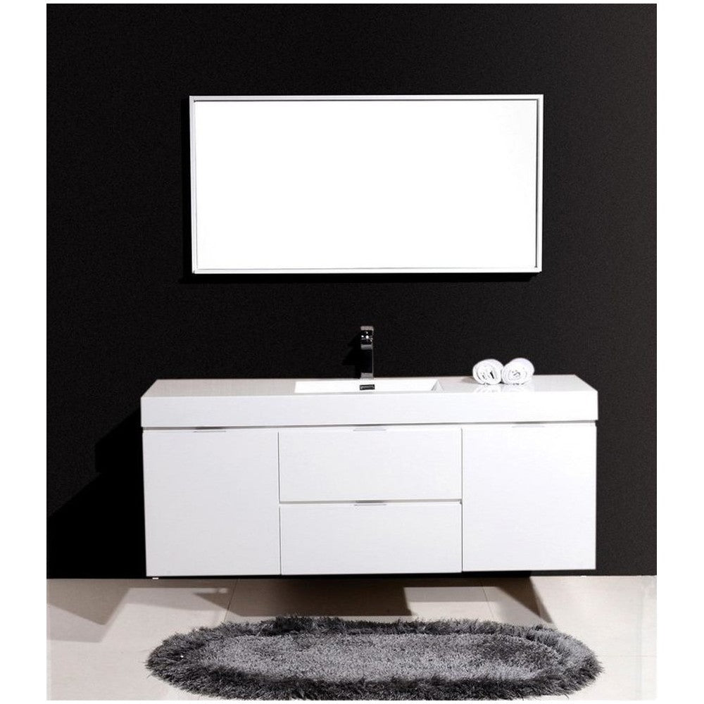 Bliss 60" Single Sink Wall Mount Modern Bathroom Vanity, High Gloss White