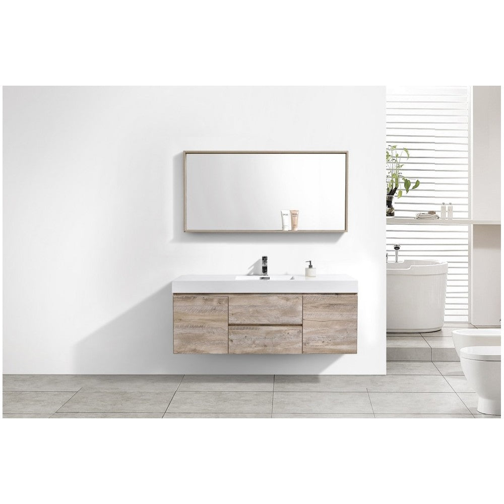 Bliss 60" Single Sink Wall Mount Modern Bathroom Vanity, Nature Wood