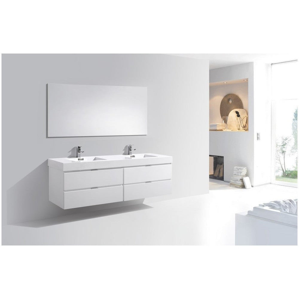 Bliss 72" Double Sink High Gloss White Wall Mount Modern Bathroom Vanity