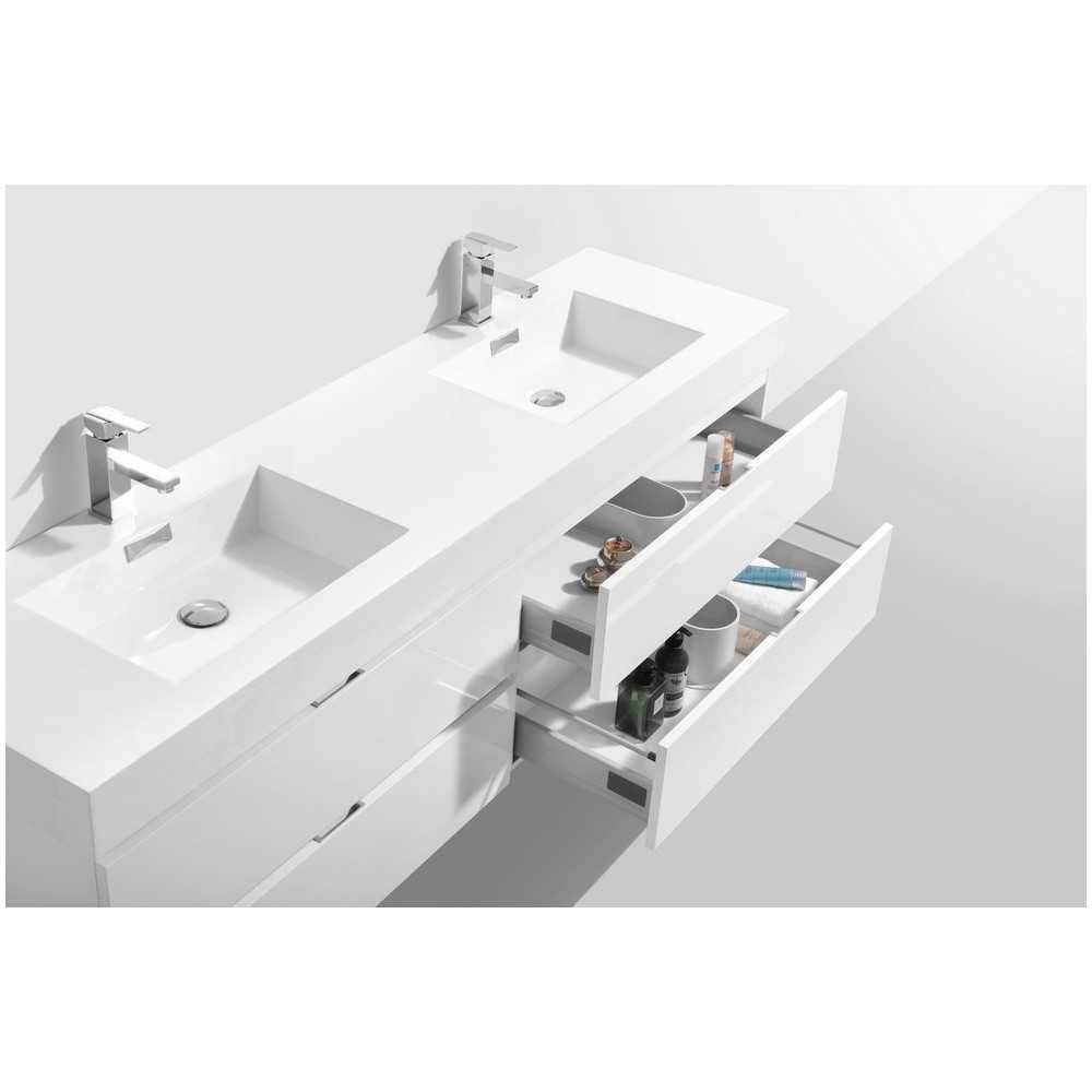 Bliss 72" Double Sink High Gloss White Wall Mount Modern Bathroom Vanity