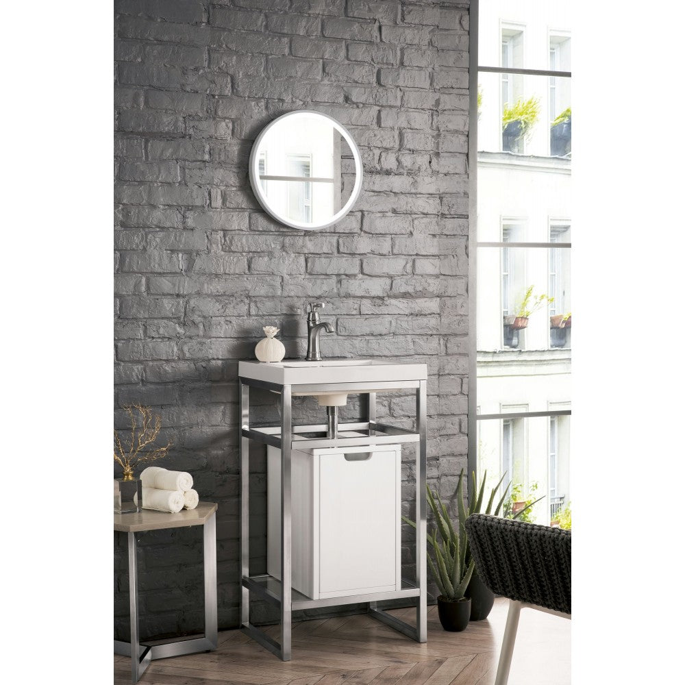 Boston 20" Sink Console Nickel w/ White Storage Cabinet White Composite Top