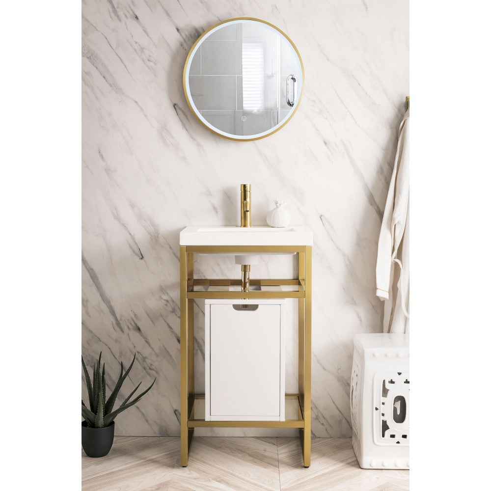 Boston 20" Sink Console Radiant Gold w/White Storage Cabinet White Composite Top