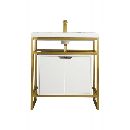 Boston 31.5" Sink Console Gold w/ White Storage Cabinet White Composite Top