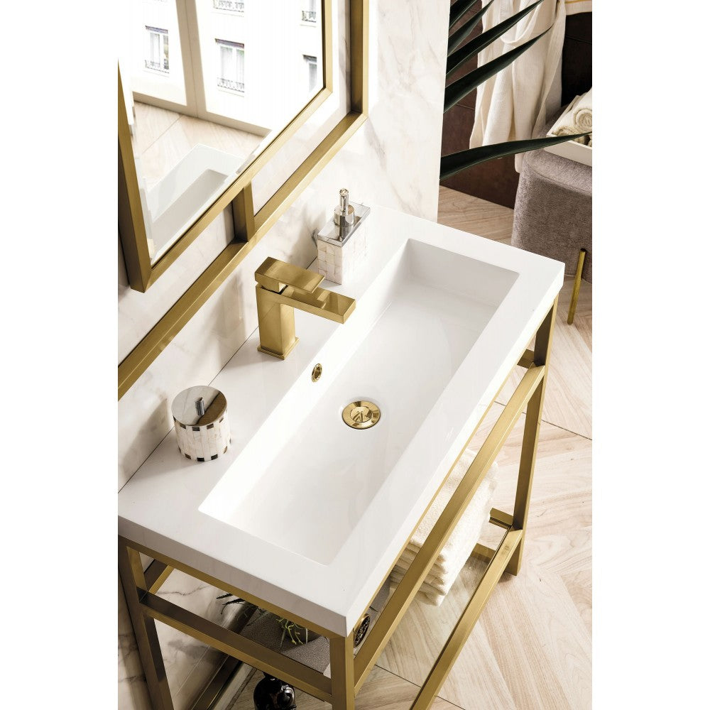 Boston 31.5" Sink Console Gold w/ White Storage Cabinet White Composite Top