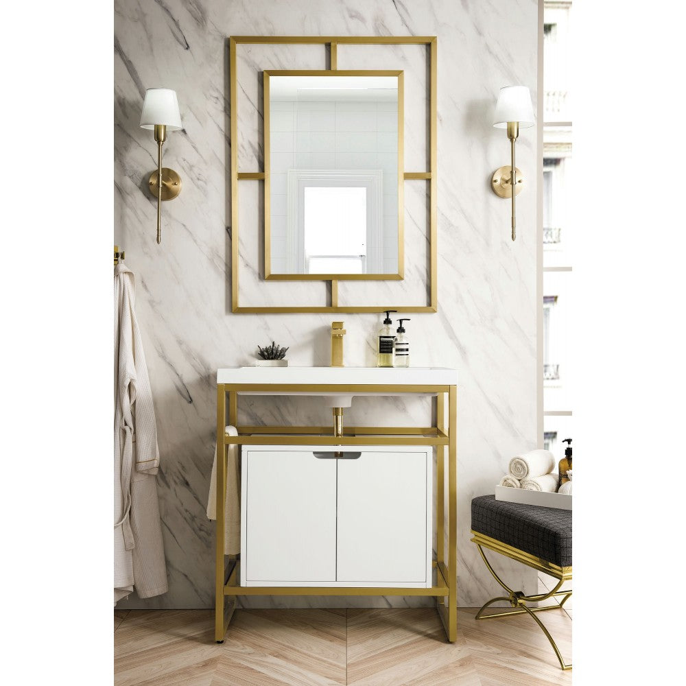 Boston 31.5" Sink Console Gold w/ White Storage Cabinet White Composite Top