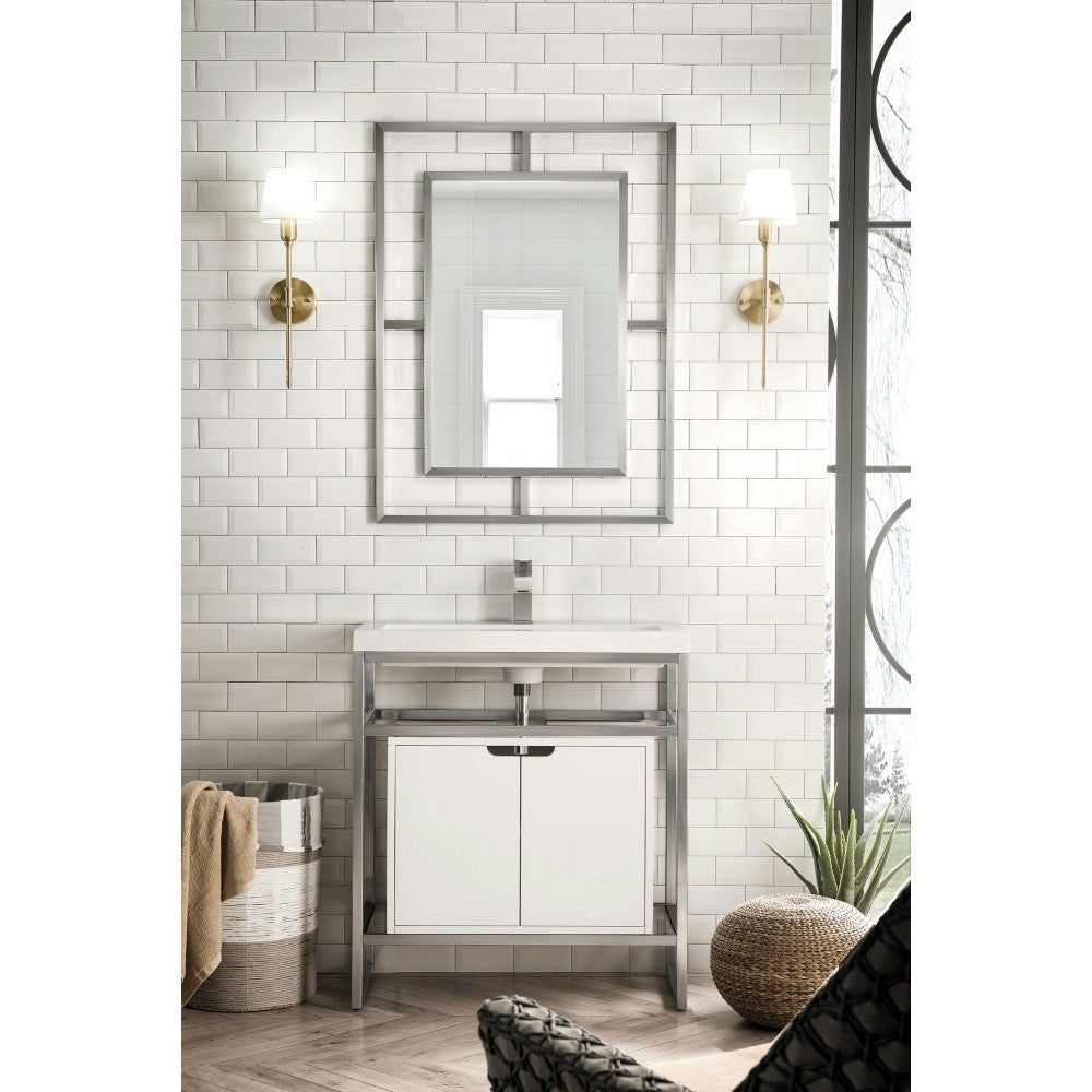 Boston 31.5" Sink Console Nickel w/ White Storage Cabinet White Composite Top