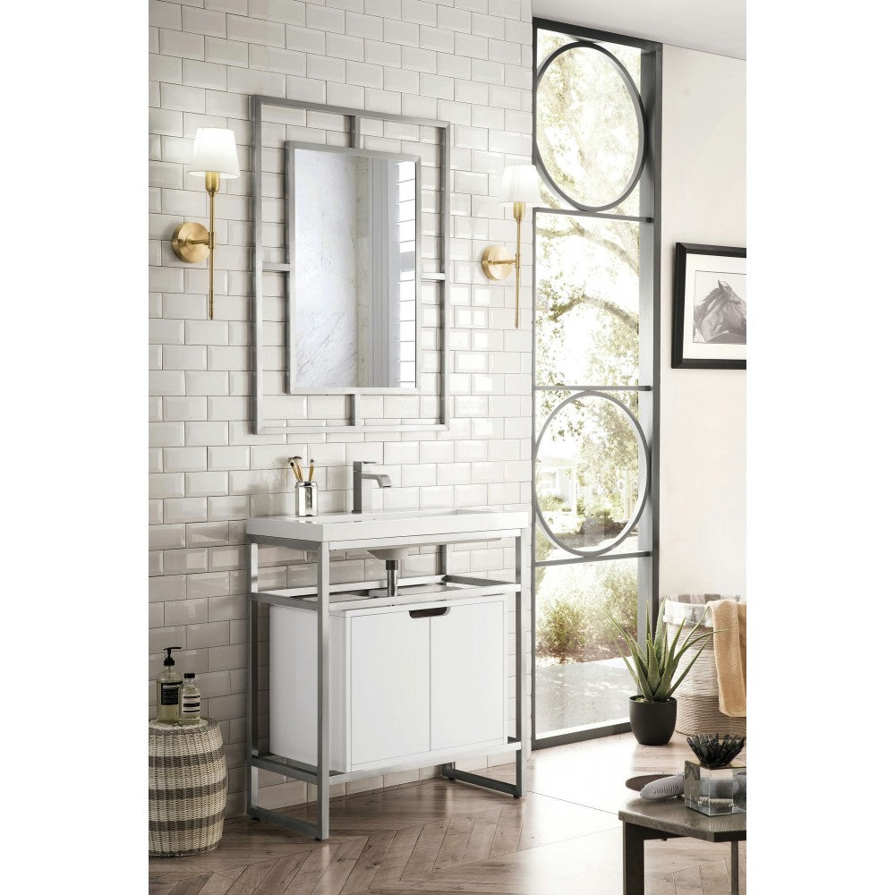 Boston 31.5" Sink Console Nickel w/ White Storage Cabinet White Composite Top
