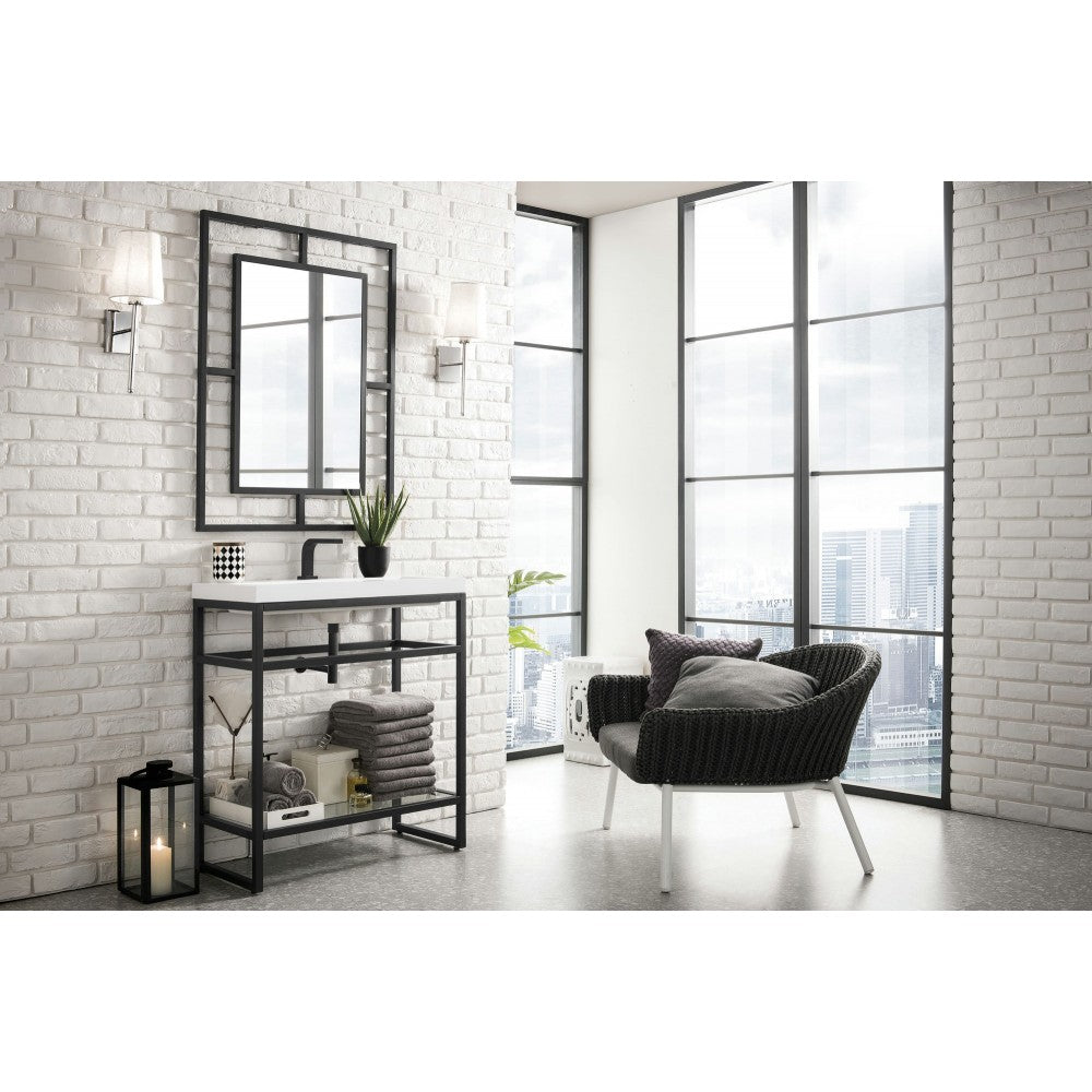 Boston 31.5" Stainless Steel Sink Console Black w/White Glossy Composite Top