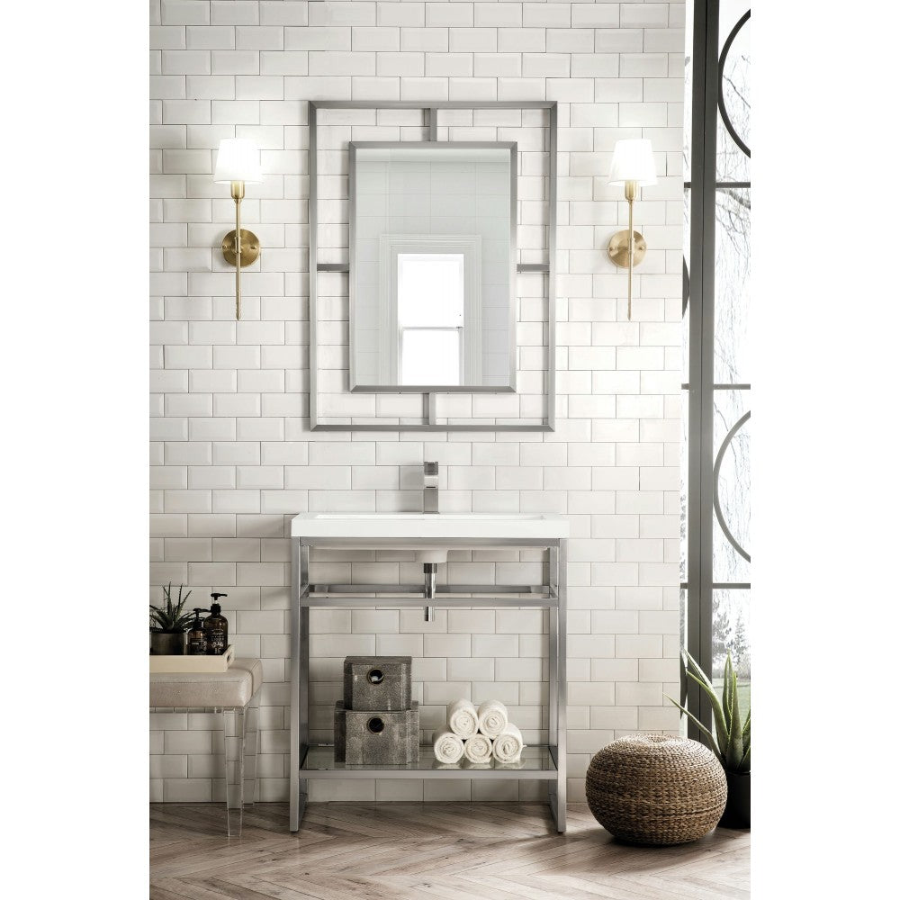 Boston 31.5" Stainless Steel Sink Console Nickel w/White Glossy Composite Top