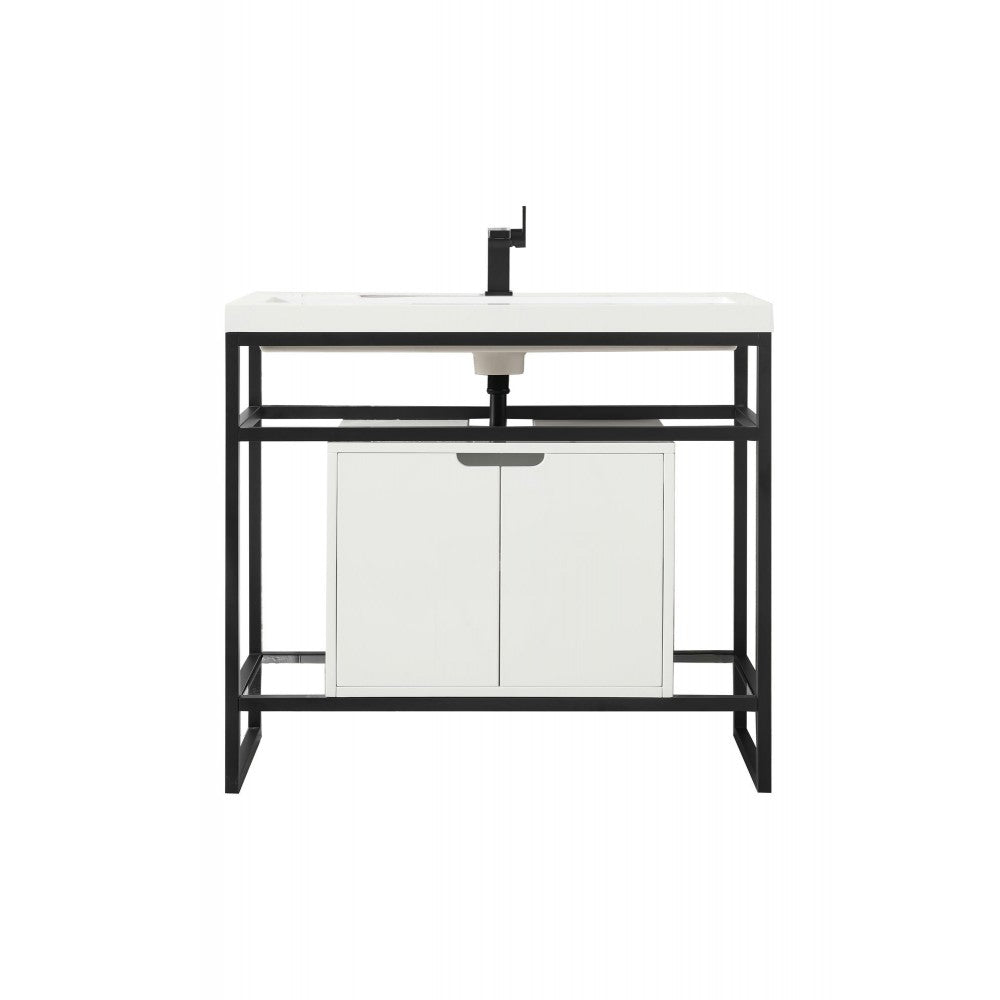Boston 39.5" Sink Console Black w/ White Storage Cabinet White Composite Top