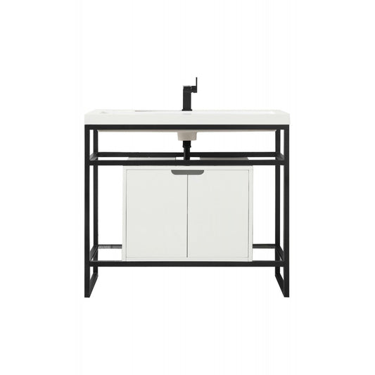 Boston 39.5" Sink Console Black w/ White Storage Cabinet White Composite Top
