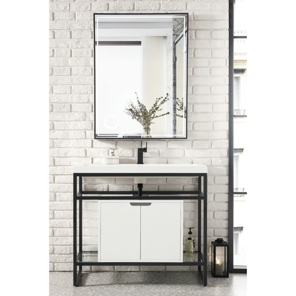 Boston 39.5" Sink Console Black w/ White Storage Cabinet White Composite Top