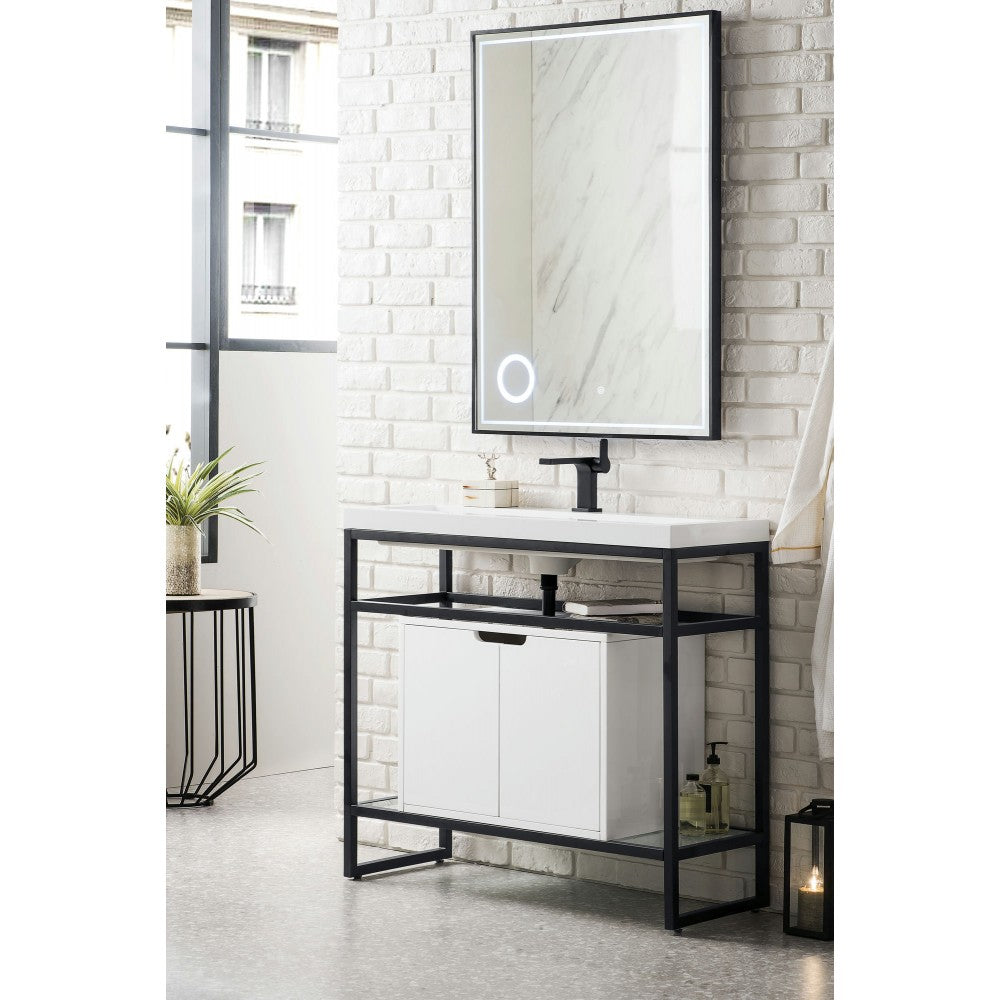 Boston 39.5" Sink Console Black w/ White Storage Cabinet White Composite Top