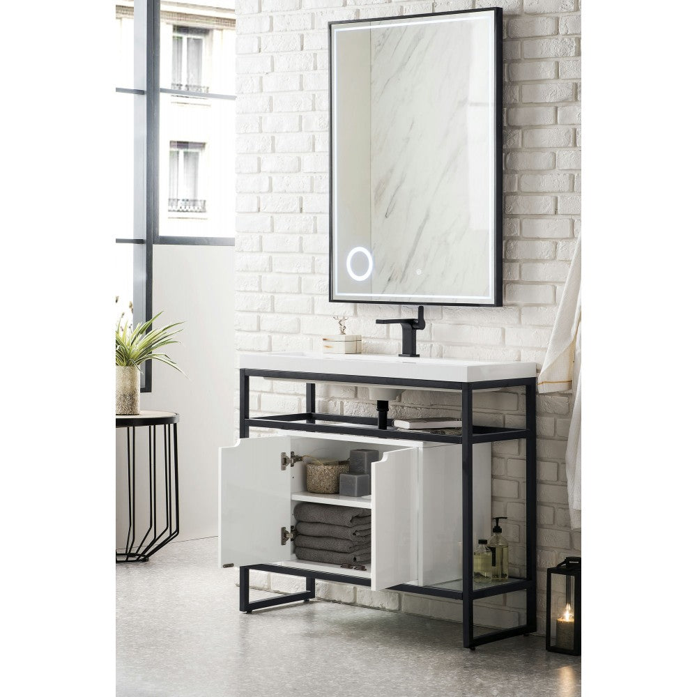 Boston 39.5" Sink Console Black w/ White Storage Cabinet White Composite Top