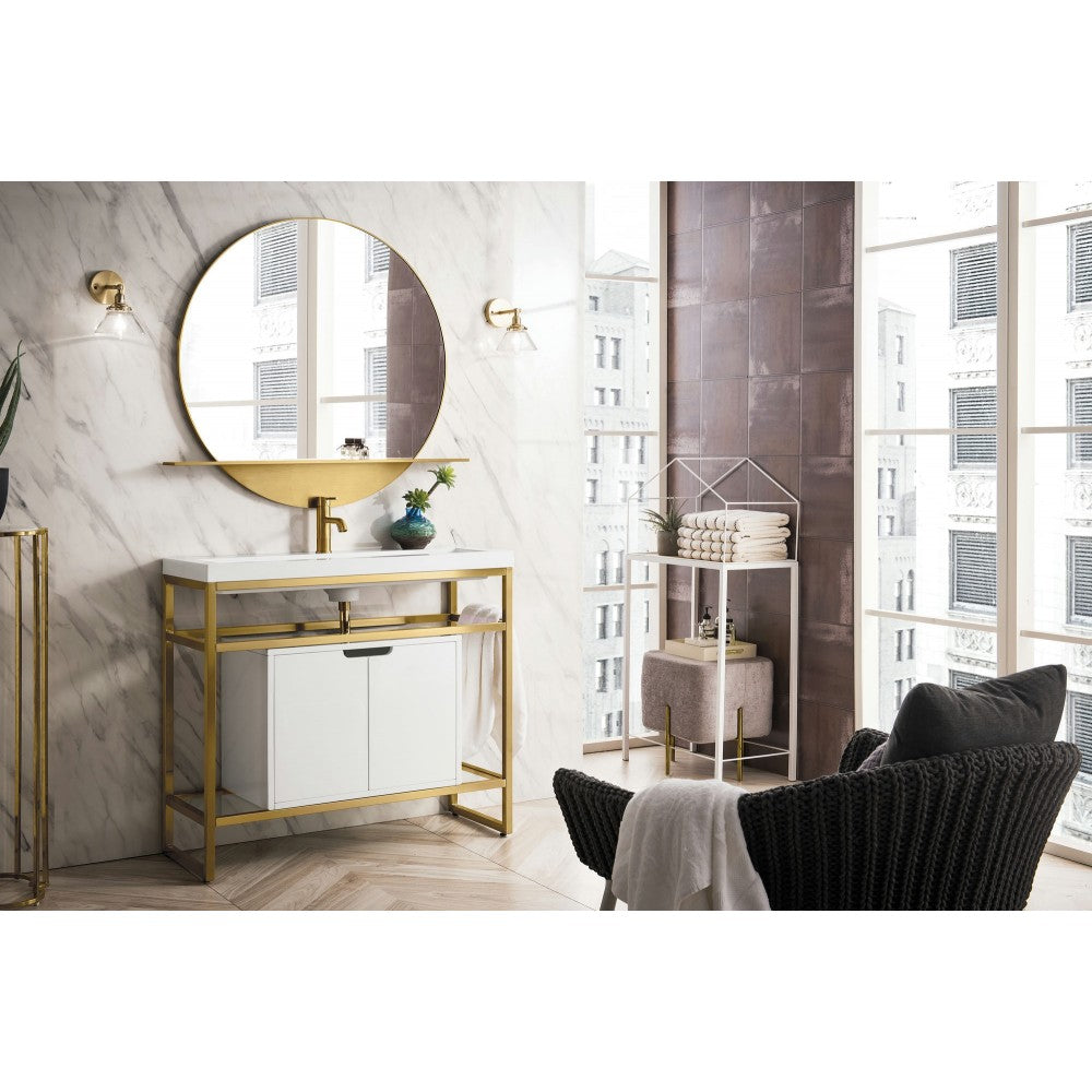 Boston 39.5" Sink Console Gold w/ White Storage Cabinet White Composite Top