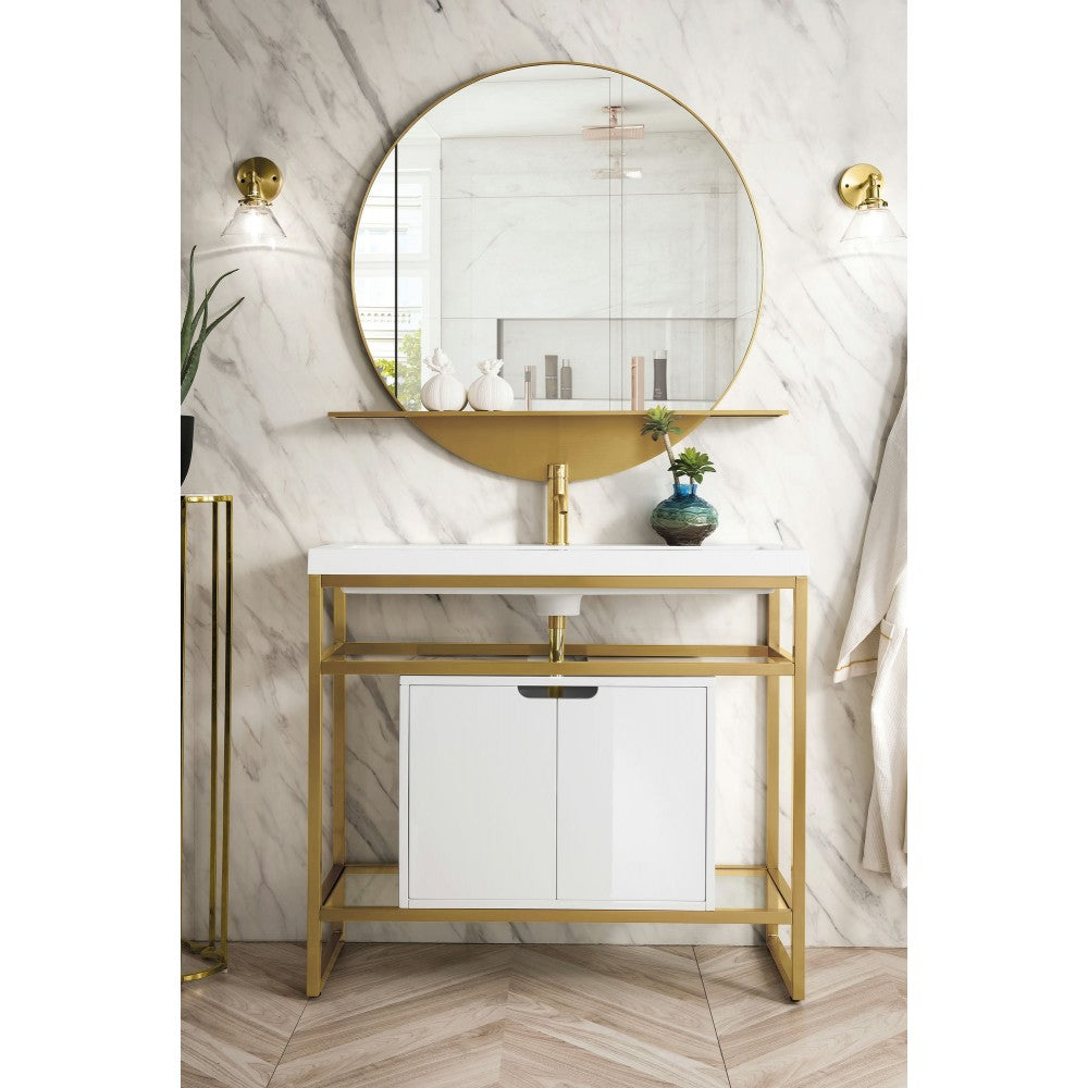 Boston 39.5" Sink Console Gold w/ White Storage Cabinet White Composite Top