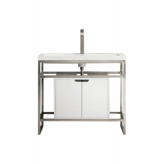 Boston 39.5" Sink Console Nickel w/ White Storage Cabinet White Composite Top