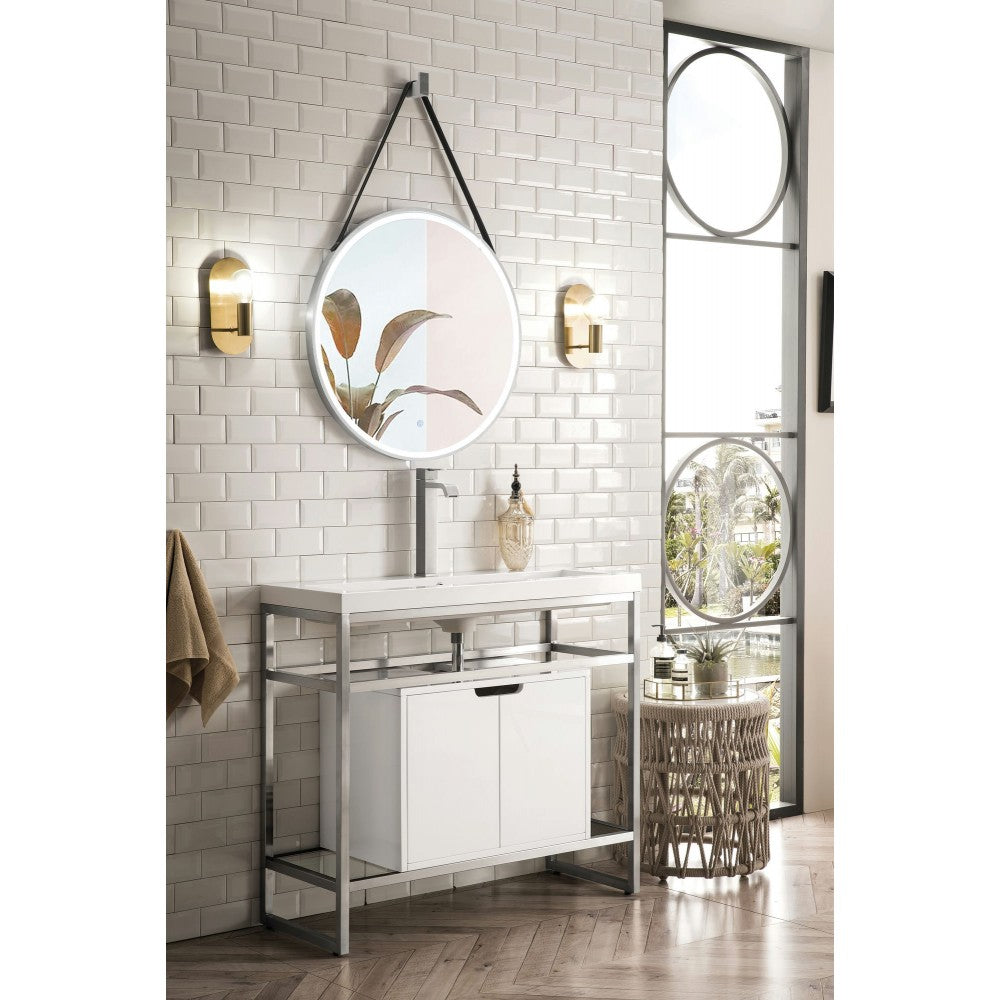Boston 39.5" Sink Console Nickel w/ White Storage Cabinet White Composite Top