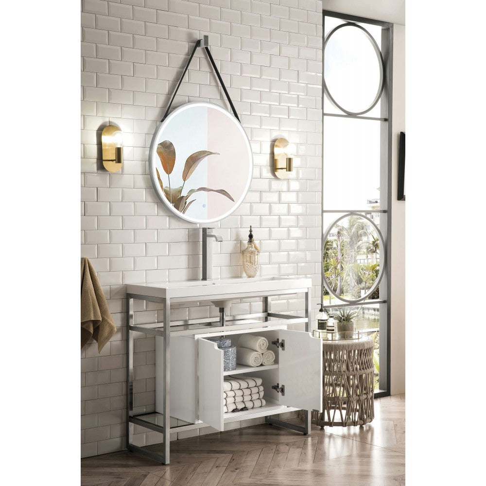 Boston 39.5" Sink Console Nickel w/ White Storage Cabinet White Composite Top