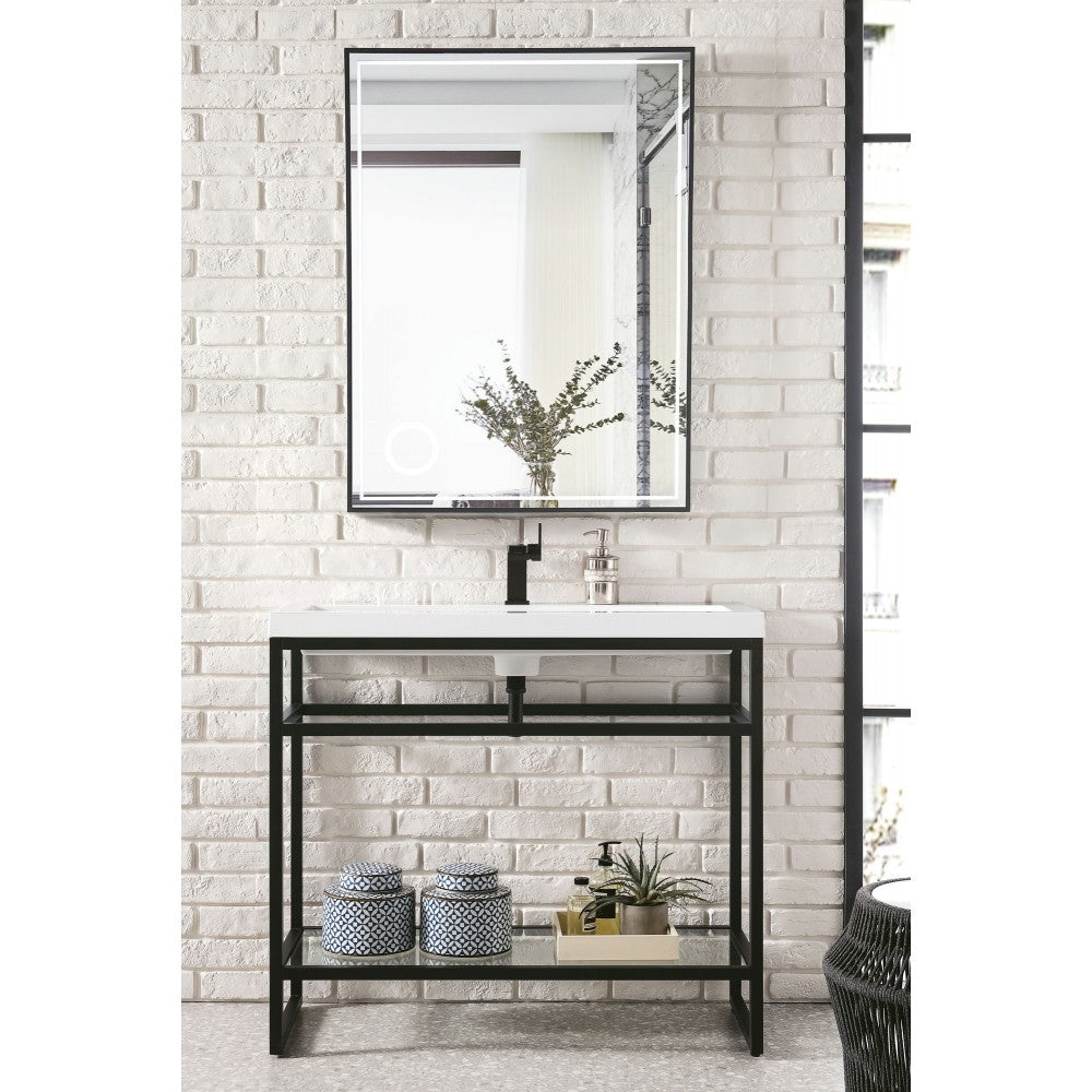Boston 39.5" Stainless Steel Sink Console Black w/White Glossy Composite Top