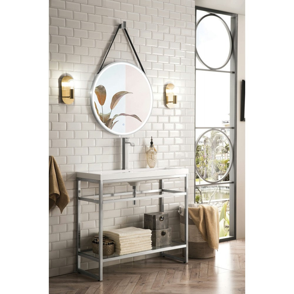 Boston 39.5" Stainless Steel Sink Console Nickel w/White Glossy Composite Top