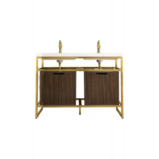 Boston 47" Sink Console Radiant Gold, Walnut Storage Cabinet White Composite Top