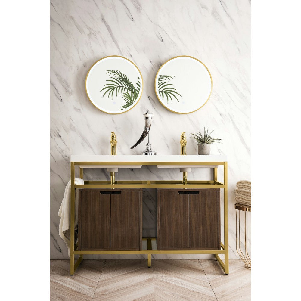 Boston 47" Sink Console Radiant Gold, Walnut Storage Cabinet White Composite Top