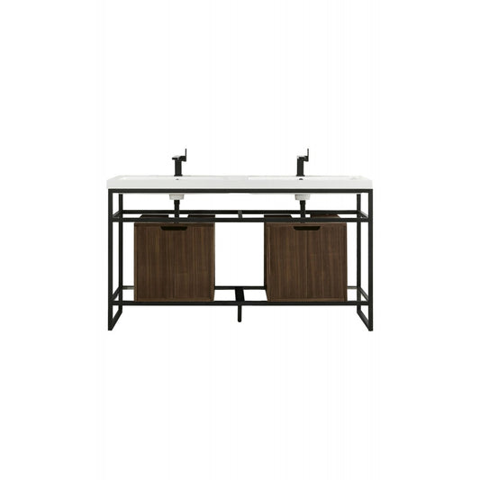 Boston 63" Sink Console Black w/Mid Century Storage Cabinet White Composite Top