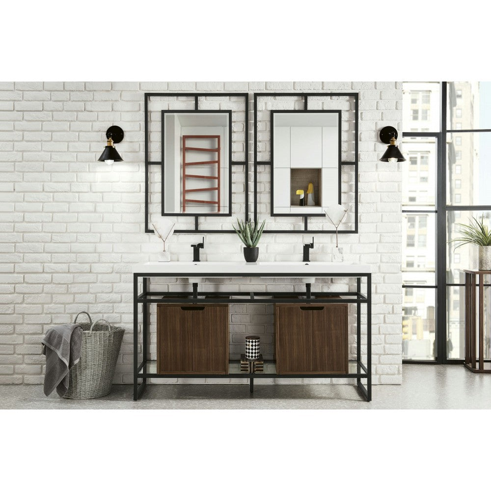 Boston 63" Sink Console Black w/Mid Century Storage Cabinet White Composite Top