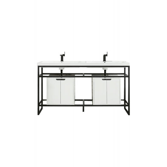 Boston 63" Sink Console Black w/ White Storage Cabinet White Composite Top