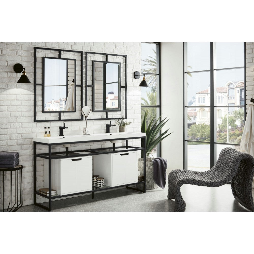 Boston 63" Sink Console Black w/ White Storage Cabinet White Composite Top