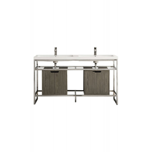 Boston 63" Sink Console Nickel w/Ash Gray Storage Cabinet White Composite Top