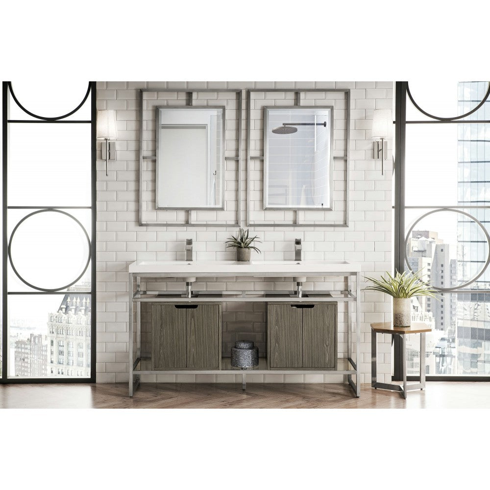 Boston 63" Sink Console Nickel w/Ash Gray Storage Cabinet White Composite Top
