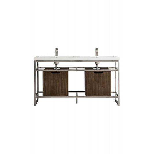 Boston 63" Sink Console Nickel w/Mid Century Storage Cabinet White Composite Top