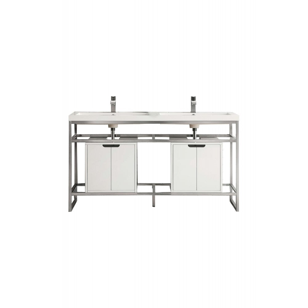 Boston 63" Sink Console Nickel w/ White Storage Cabinet White Composite Top