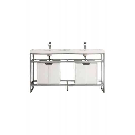 Boston 63" Sink Console Nickel w/ White Storage Cabinet White Composite Top