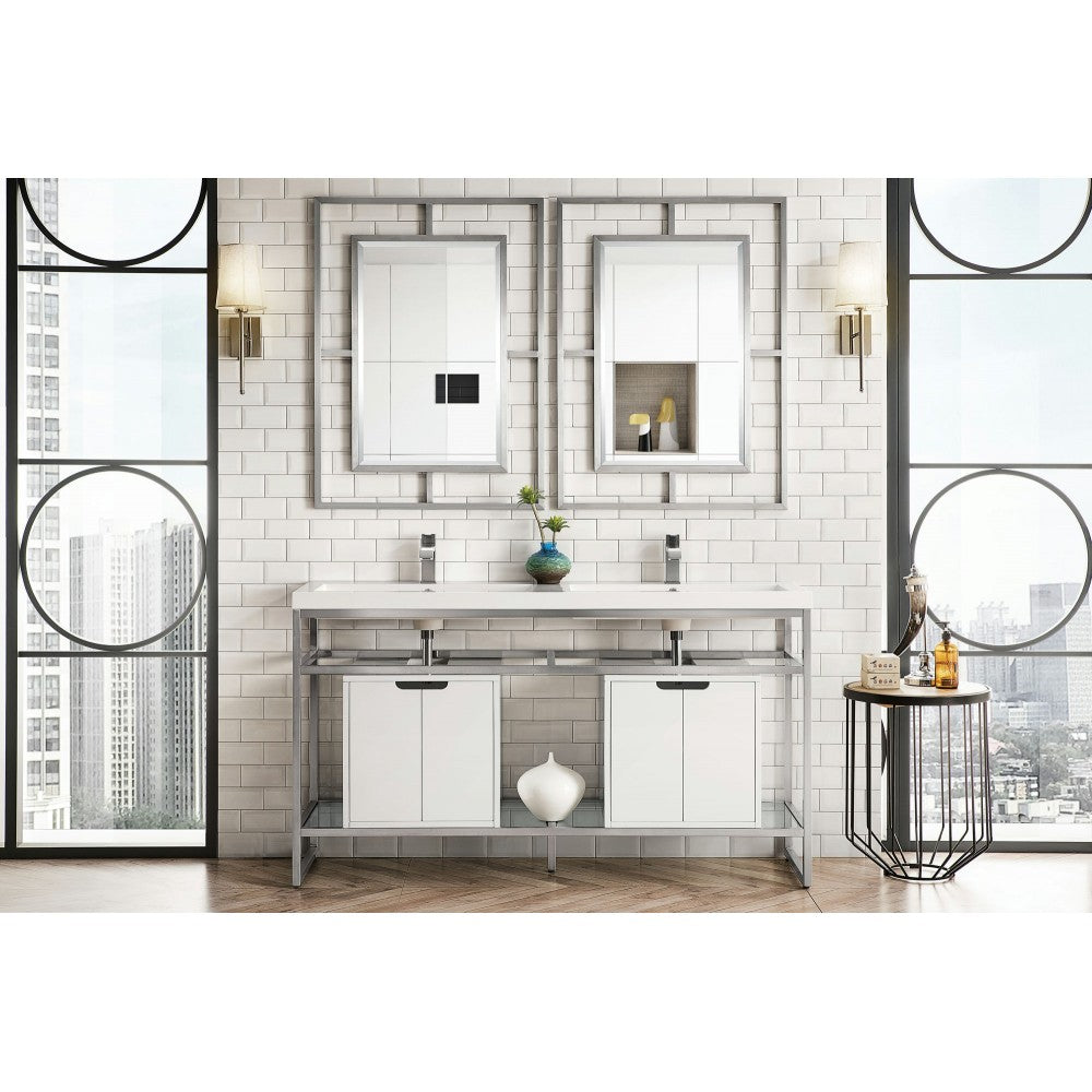 Boston 63" Sink Console Nickel w/ White Storage Cabinet White Composite Top