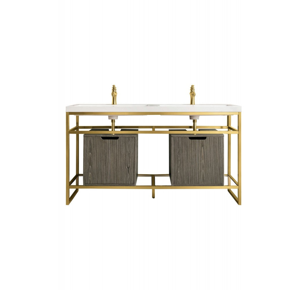 Boston 63" Sink Console Radiant Gold, Gray Storage Cabinet White Composite Top