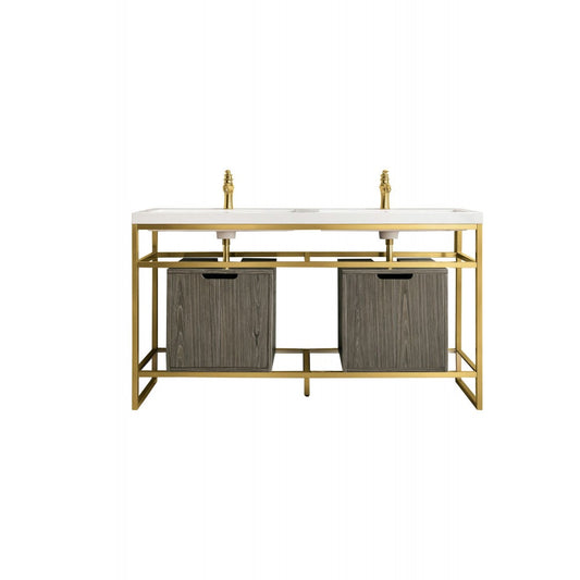 Boston 63" Sink Console Radiant Gold, Gray Storage Cabinet White Composite Top
