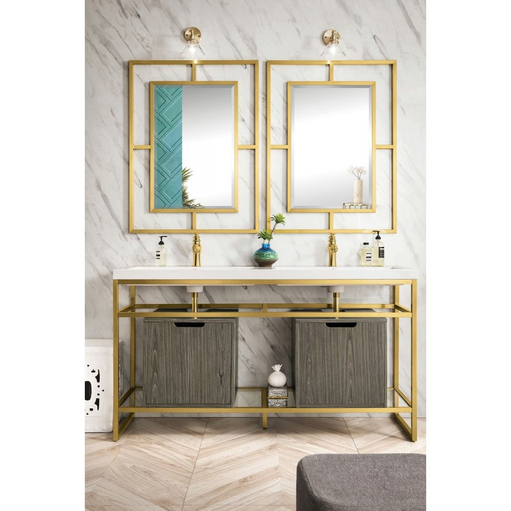 Boston 63" Sink Console Radiant Gold, Gray Storage Cabinet White Composite Top