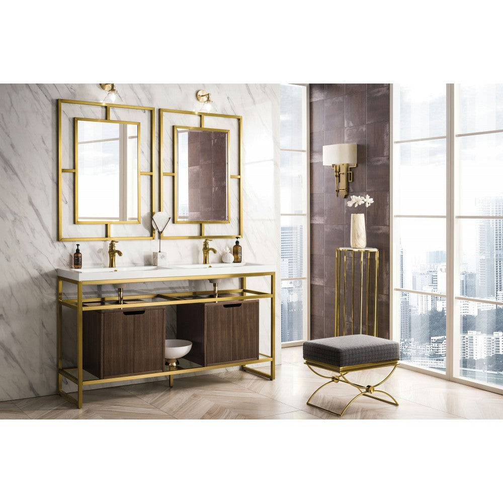 Boston 63" Sink Console Radiant Gold, Walnut Storage Cabinet White Composite Top