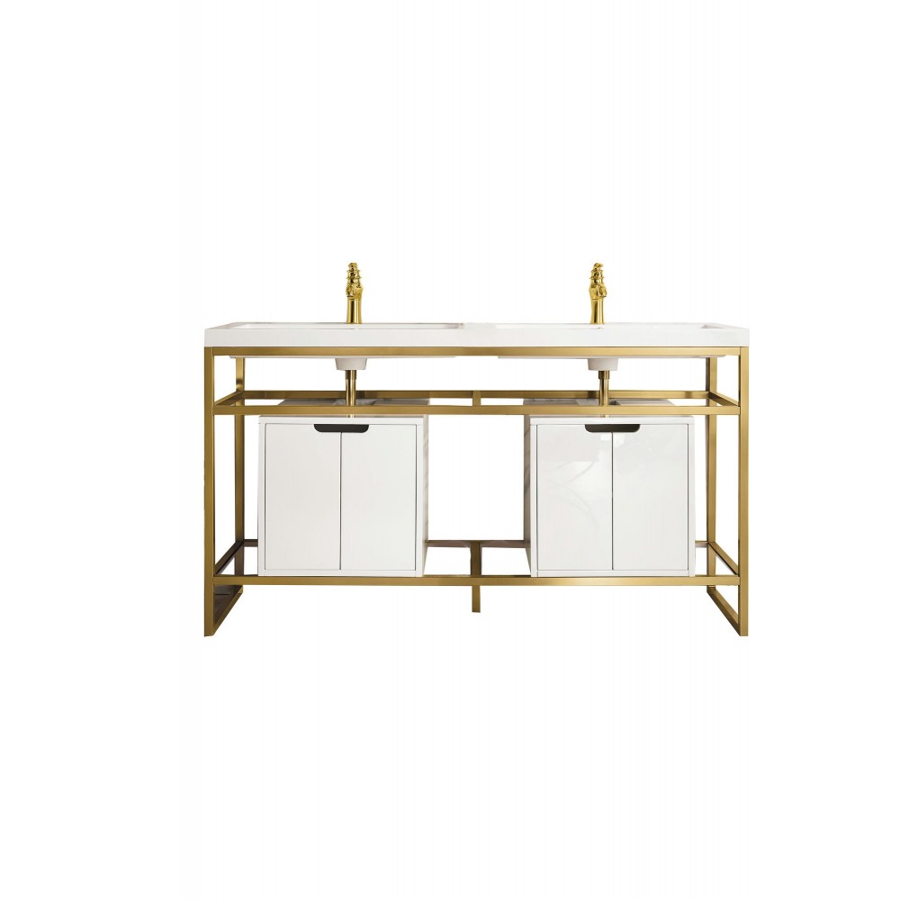 Boston 63" Sink Console Radiant Gold, White Storage Cabinet White Composite Top
