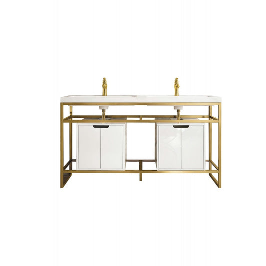 Boston 63" Sink Console Radiant Gold, White Storage Cabinet White Composite Top