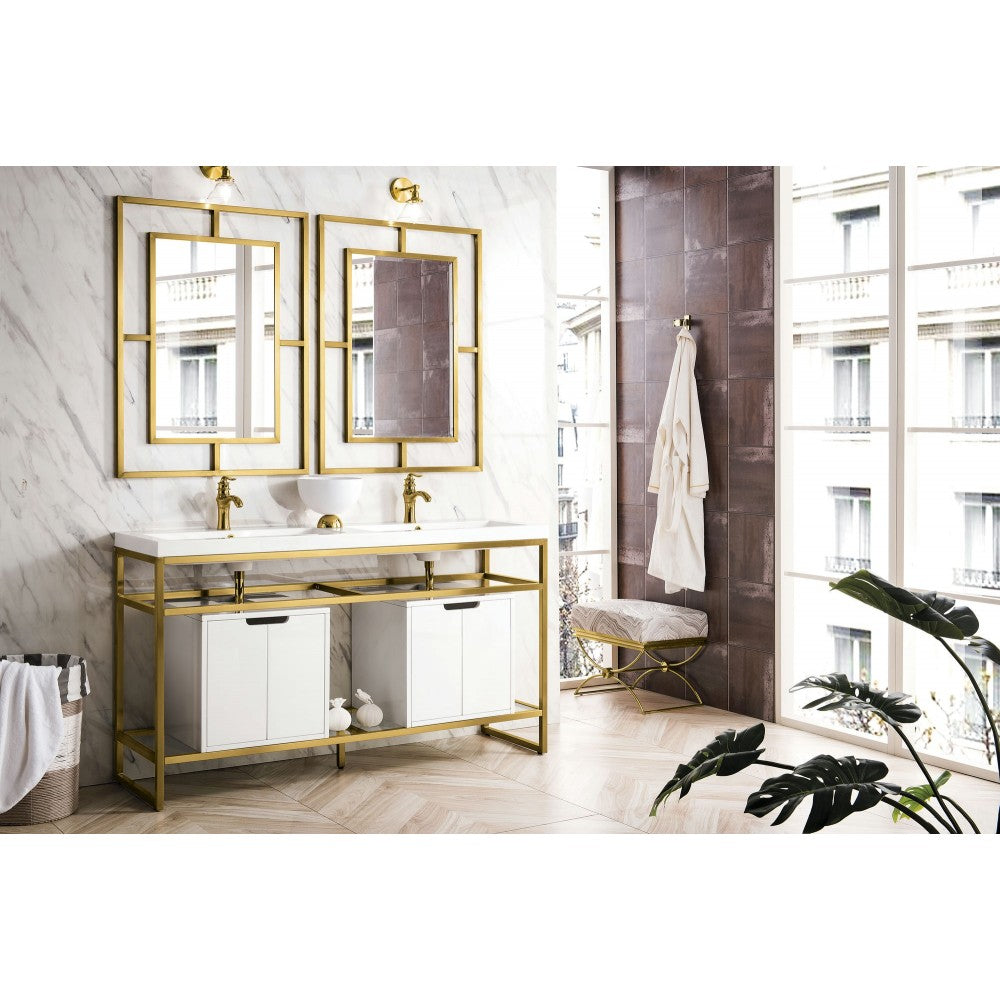 Boston 63" Sink Console Radiant Gold, White Storage Cabinet White Composite Top