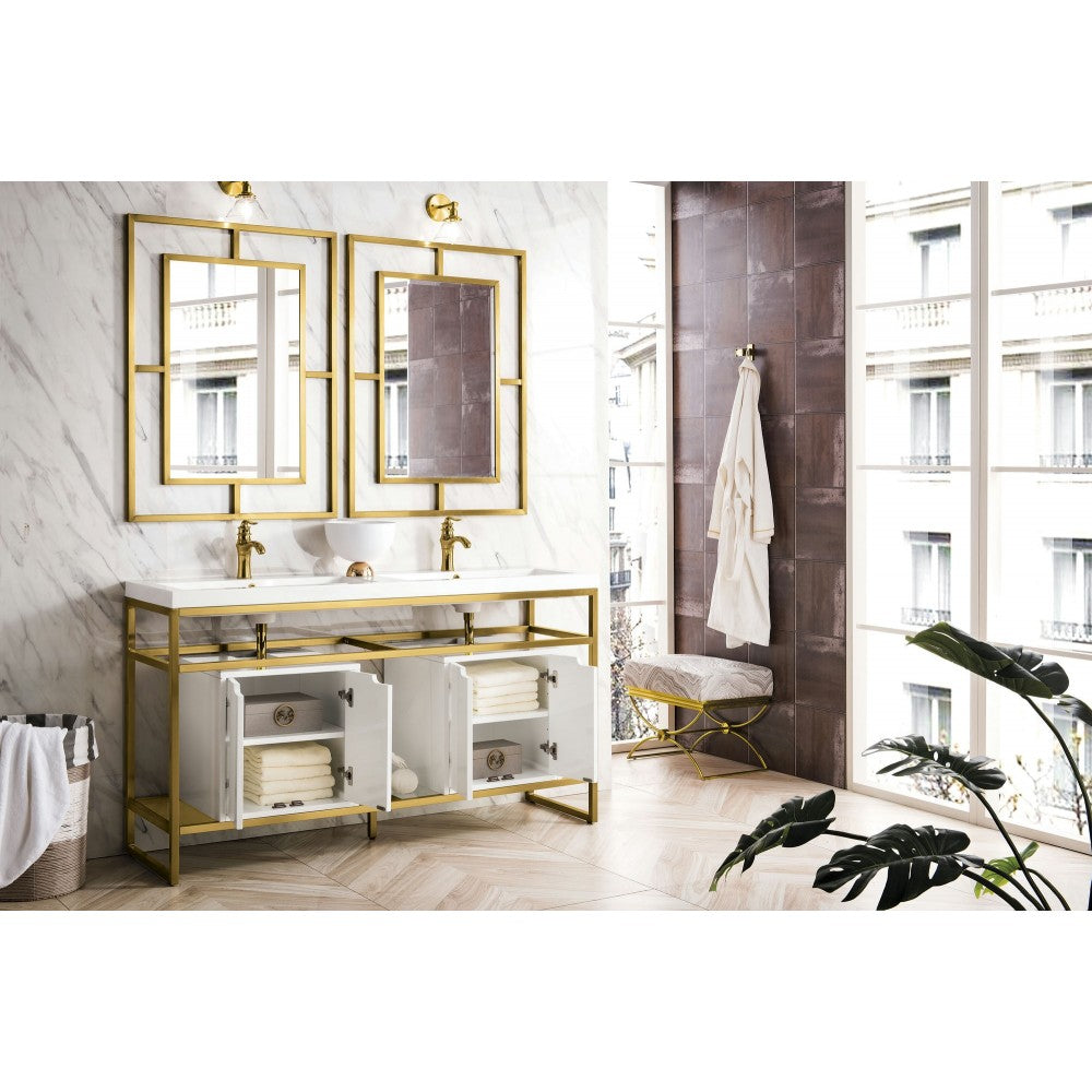 Boston 63" Sink Console Radiant Gold, White Storage Cabinet White Composite Top