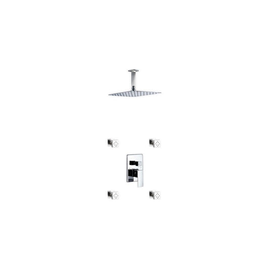 Brass Shower Set With 12" Ceiling Mount Square Rain Shower and 4 Body Jets