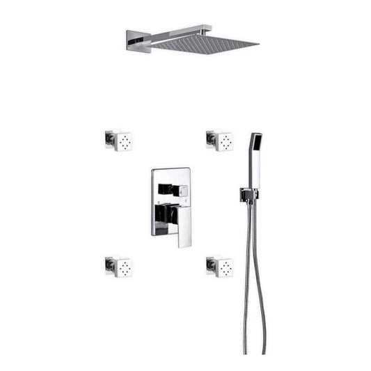 Brass Shower Set With 12" Square Rain Shower, Handheld and 4 Body Jets