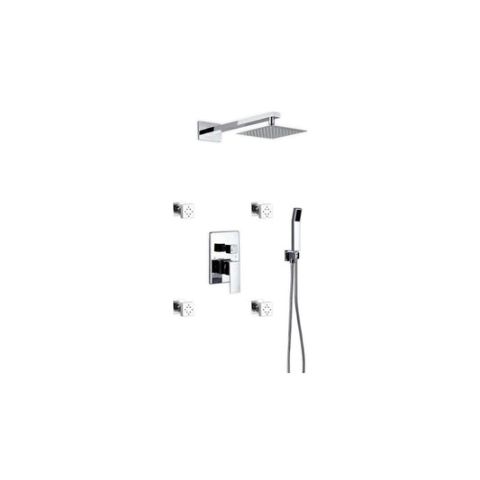 Brass Shower Set With 8" Square Rain Shower, 4 Body Jets and Handheld