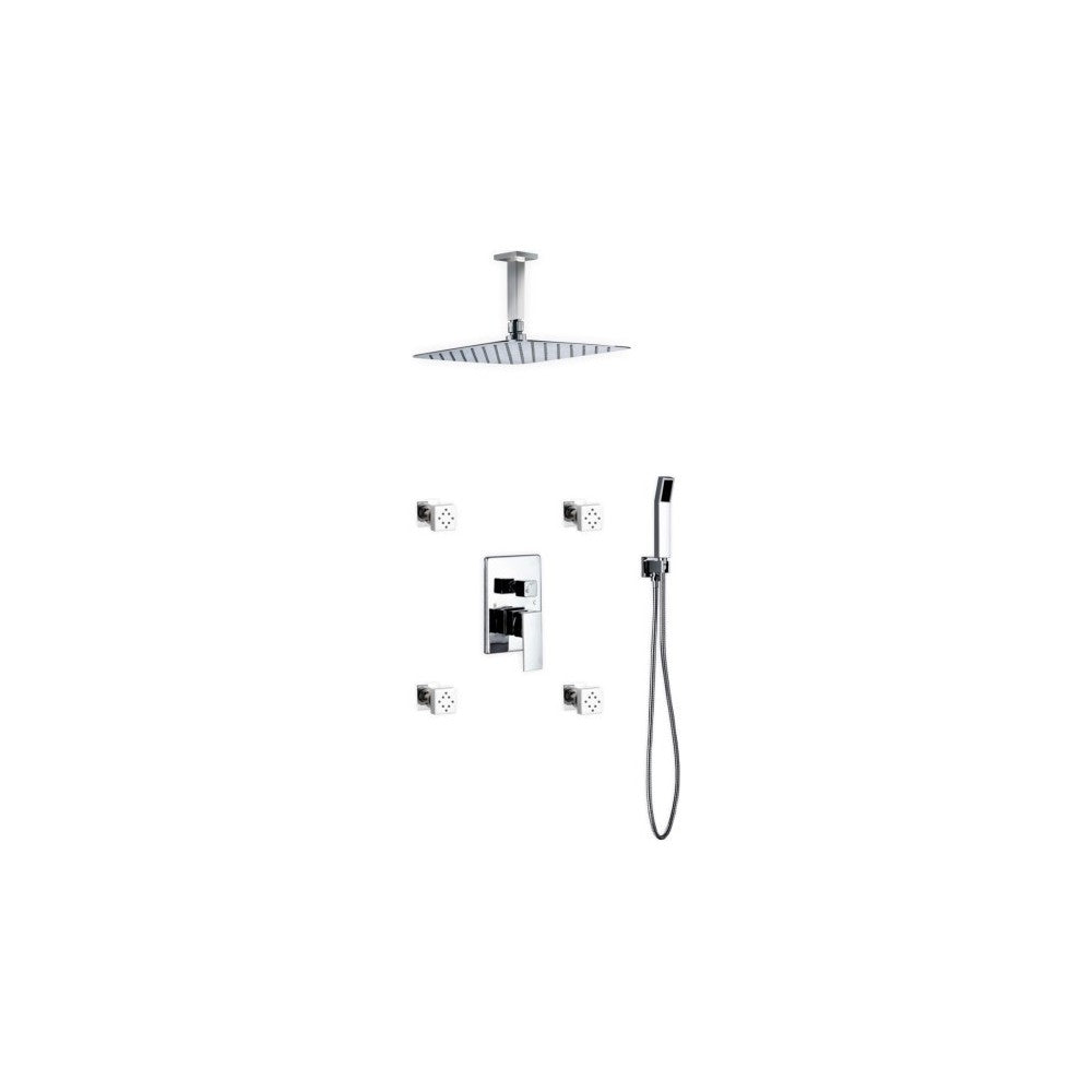 Brass Shower Set12" Ceiling Mount Square Rain Shower, 4 Body Jets and Handheld